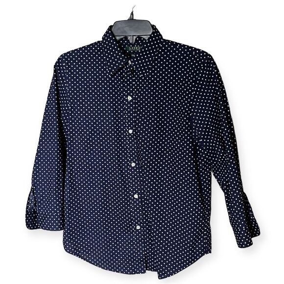Lauren Ralph Lauren Blue/White Polka Dot Non-Iron Button Up Shirt Size Medium - Picture 1 of 9